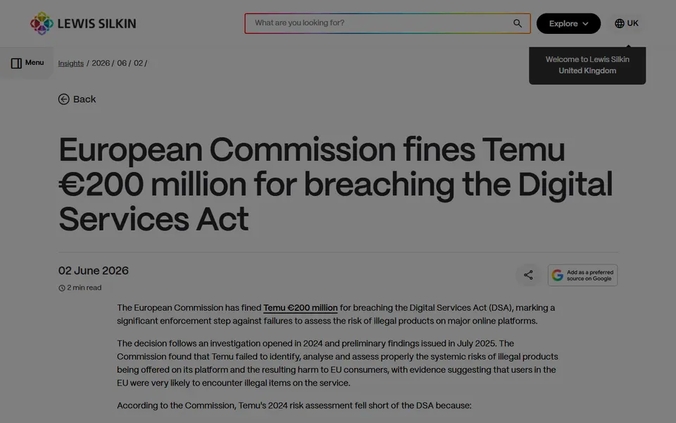 Lewis Silkin article page headed European Commission fines Temu €200 million for breaching the Digital Services Act.